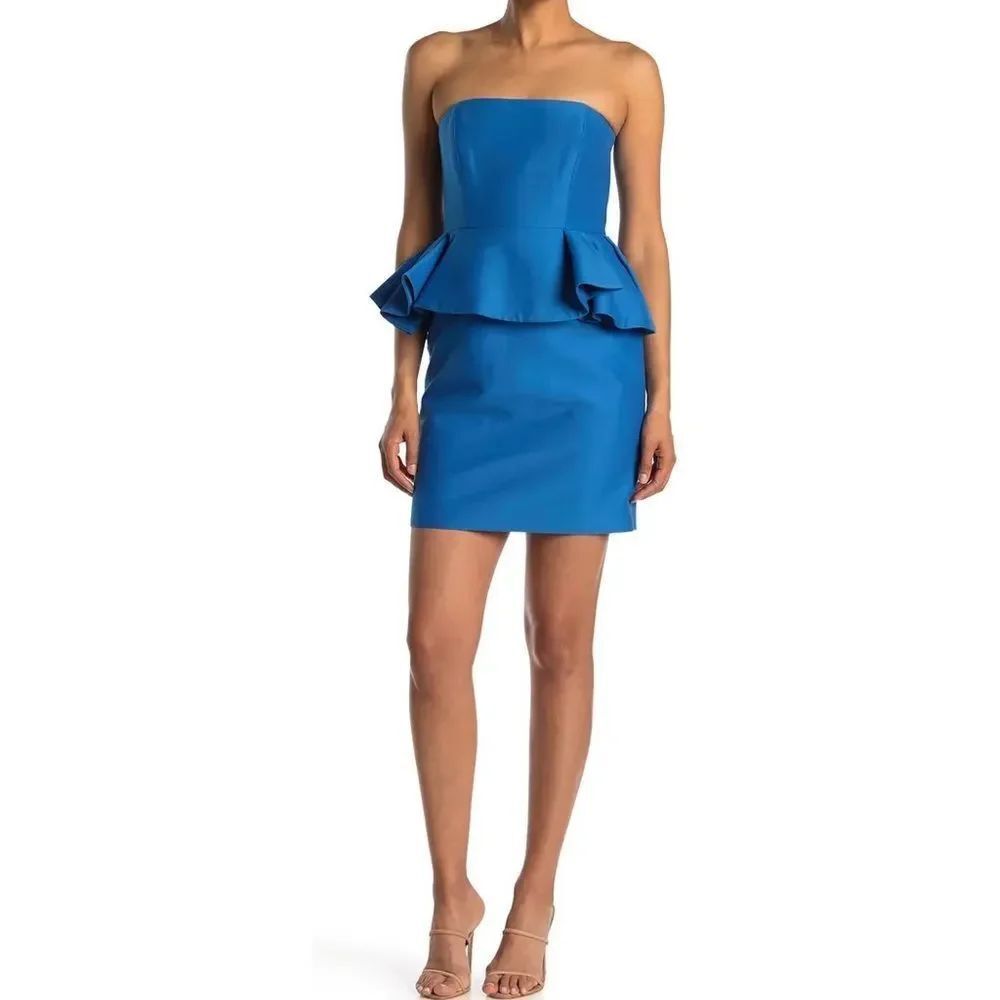 NWT HALSTON Blue Lapis Strapless Peplum Sexy Mini Dress 90s Style